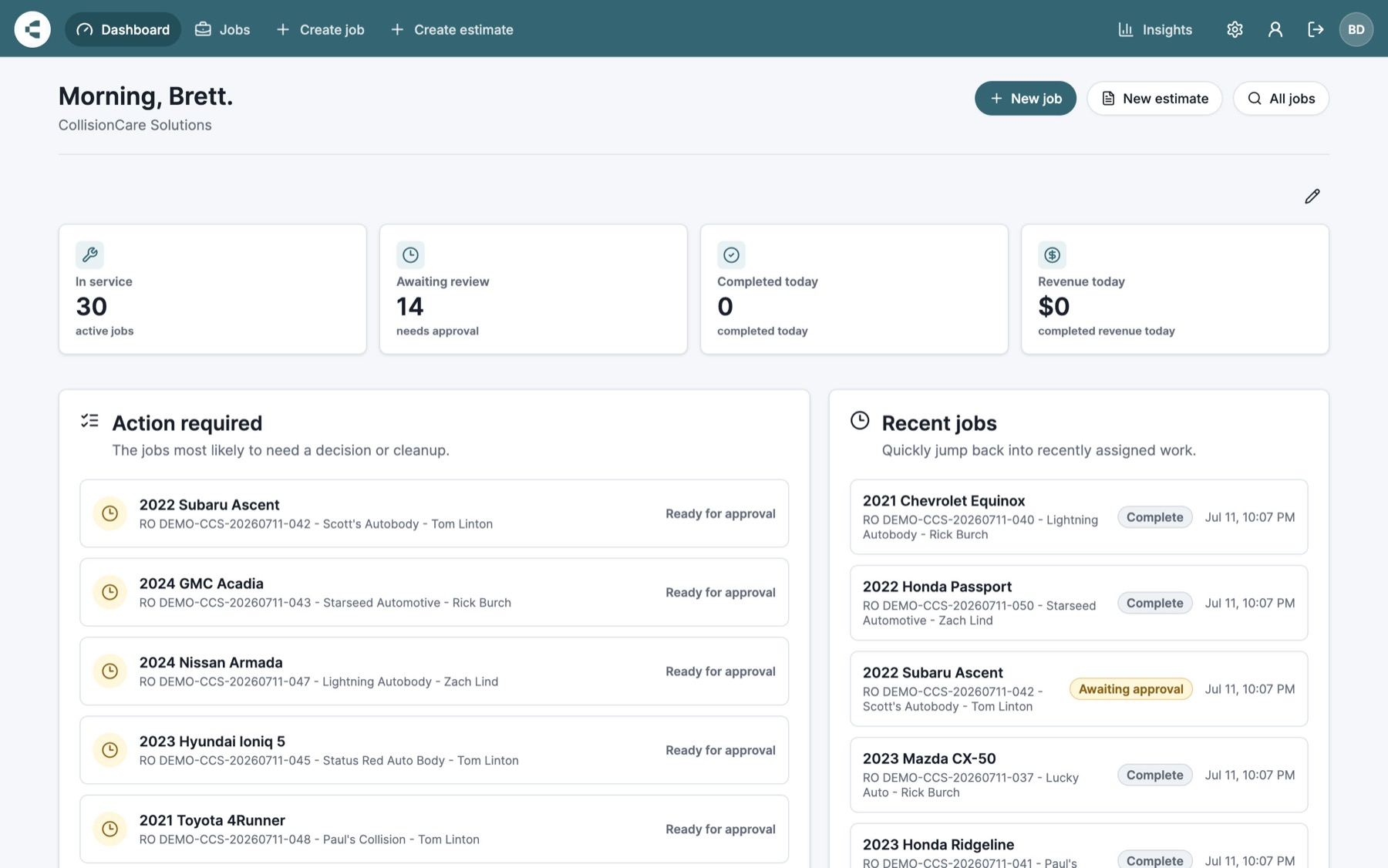CollisionCare dashboard showing active jobs, work awaiting review, and recent jobs