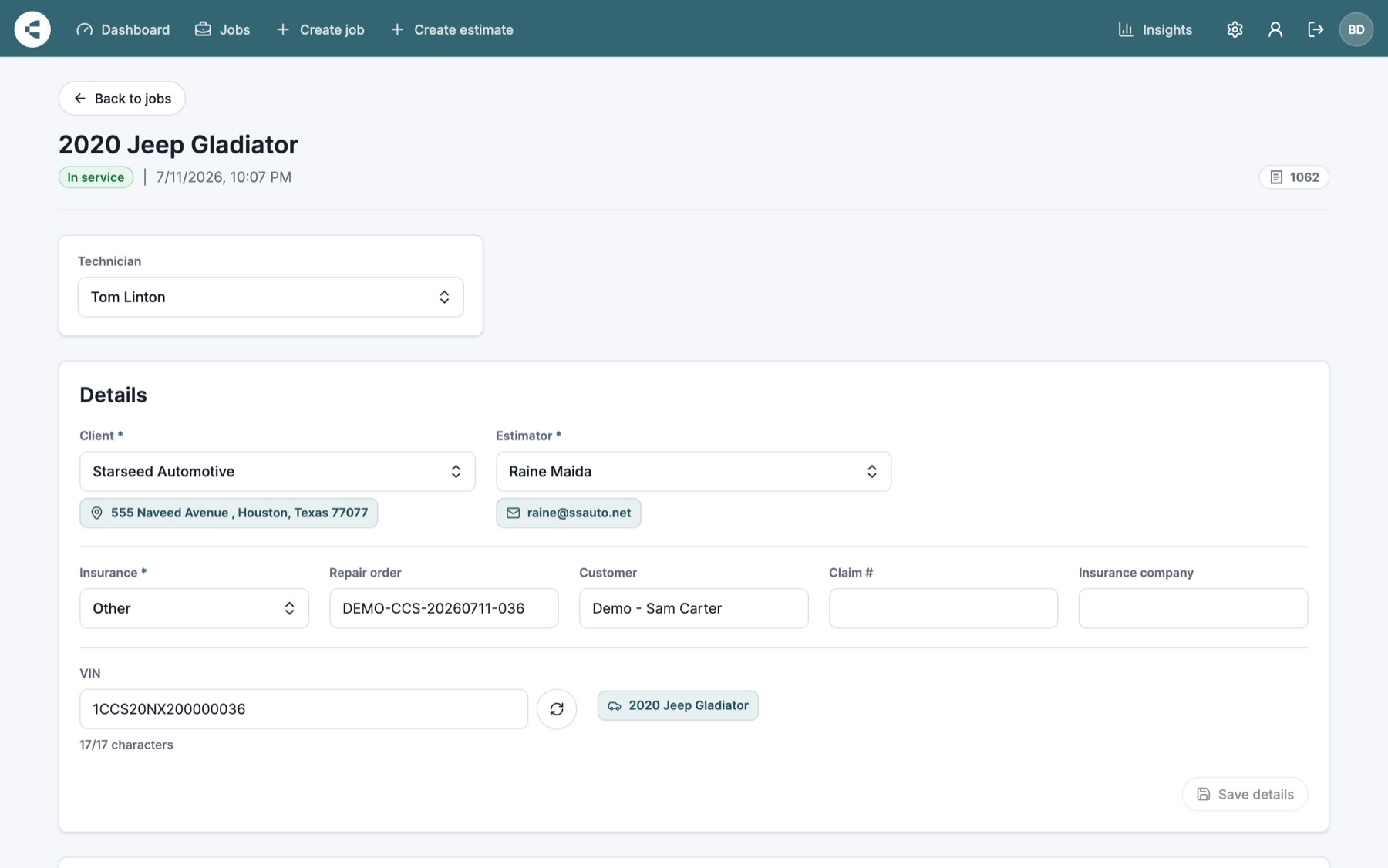 CollisionCare job workspace showing vehicle, client, estimator, and VIN details