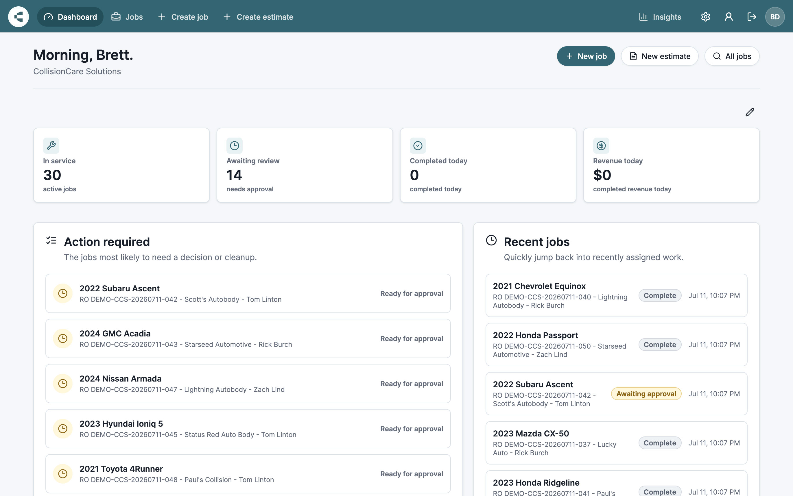 CollisionCare manager dashboard showing customizable performance cards, jobs requiring action, and recent jobs
