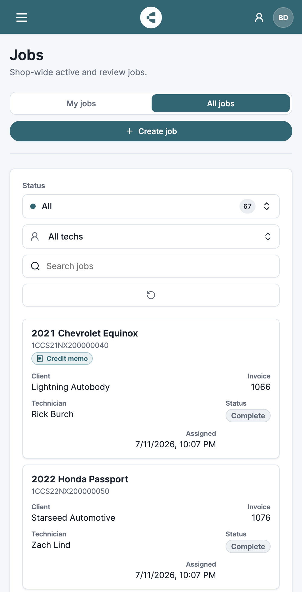 CollisionCare mobile jobs view showing filters and completed job cards